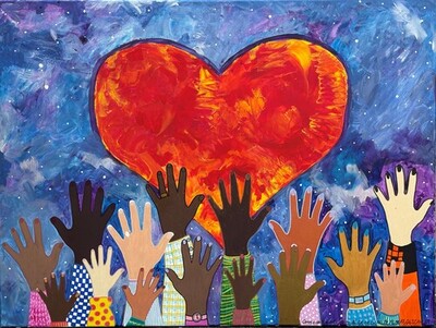 many different hands reaching for one heart